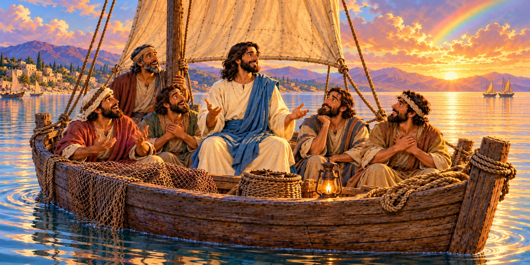 Jesus and five disciples together in the boat after the storm, amazed by the calm water